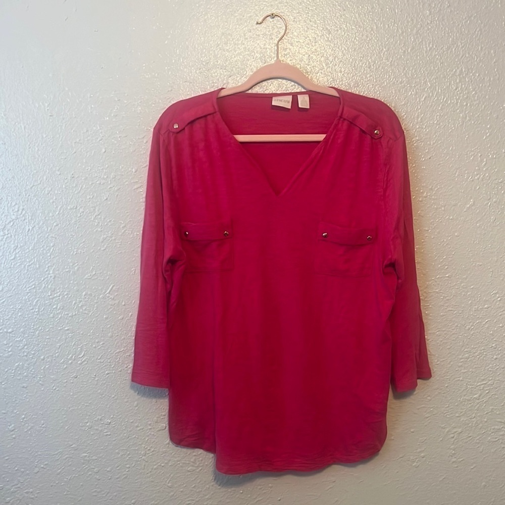Chico's Bright Pink 3/4 Sleeve V-Neck Blouse Size XL